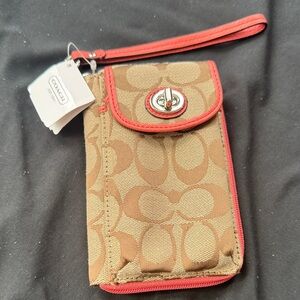 Coach Tan and Red Orange Signature Wristlet